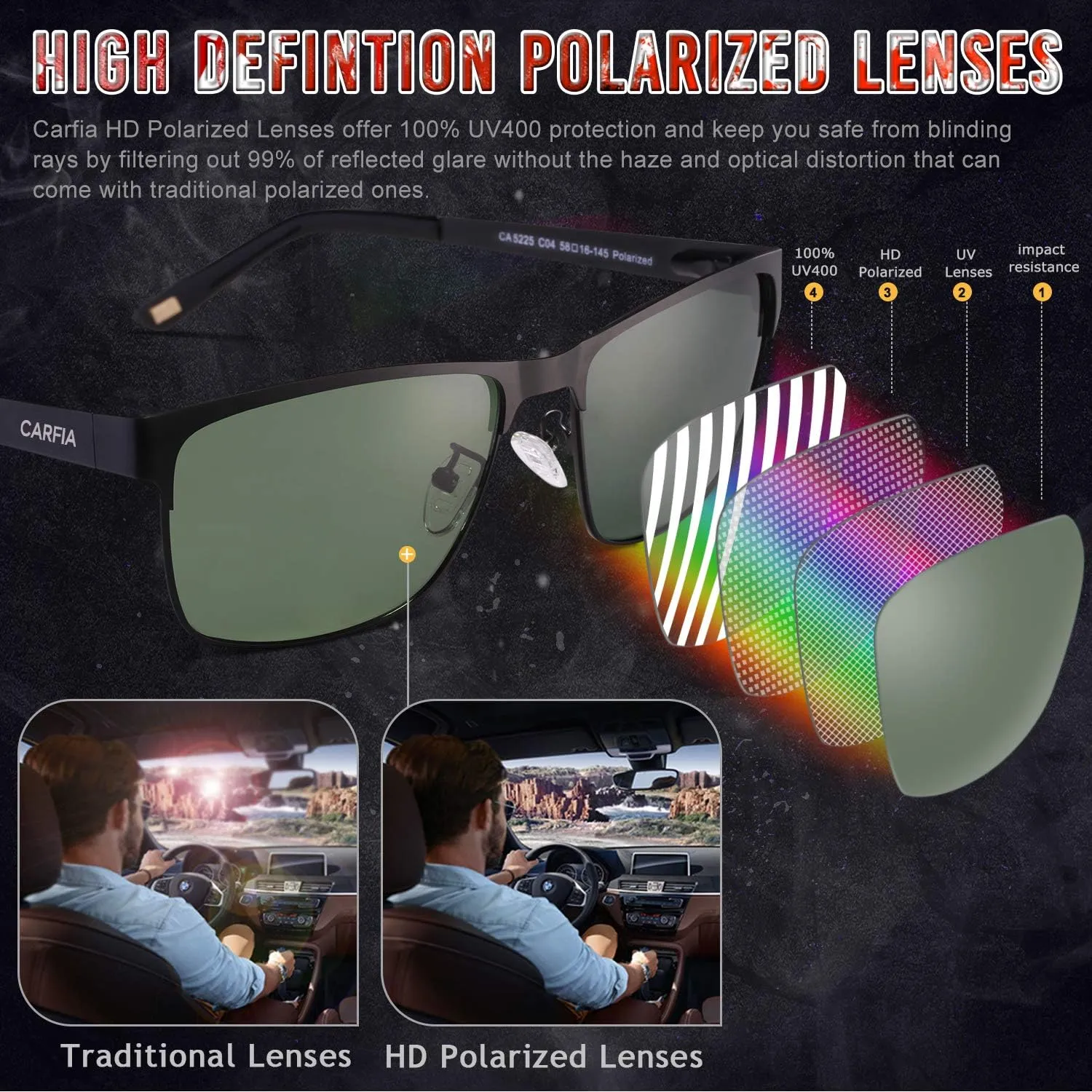 CARFIA Metal Mens Sunglasses Polarized UV400 Protection for Driving Fishing Hiking Golf Everyday Use CA5225