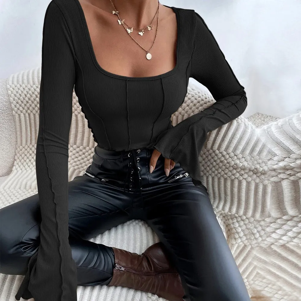 Fashion Flared Sleeve Square Neck Top T-Shirt