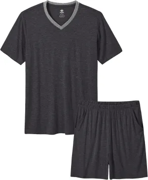 MoFiz Mens Pajama Set Summer Pjs Sleepwear Nightwear Lightweight Quick Dry Soft Short Sleeve V-Neck Pjs Sleep Set With Pocket